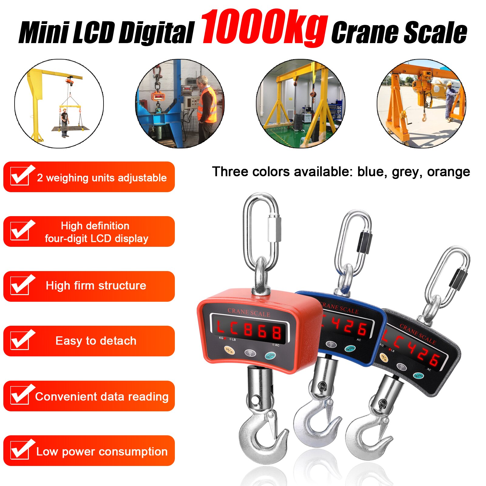 Mini LCD Digital 1000kg Crane Scale Portable Industrial Electronic Heavy Duty Weight Hook-Hanging Scale Crane Scale 3 Colors