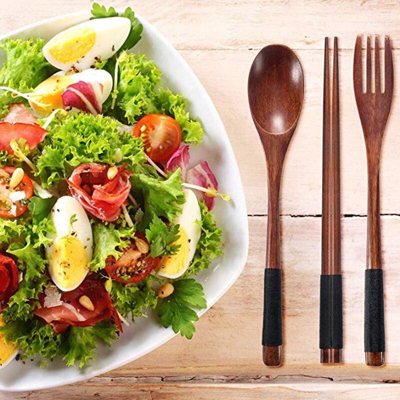 2 sets houten bestek, servies, bestekset, reisbenodigdheden, vastgebonden lijn, herbruikbaar bestek, houten vork, lepel, eetstokjes