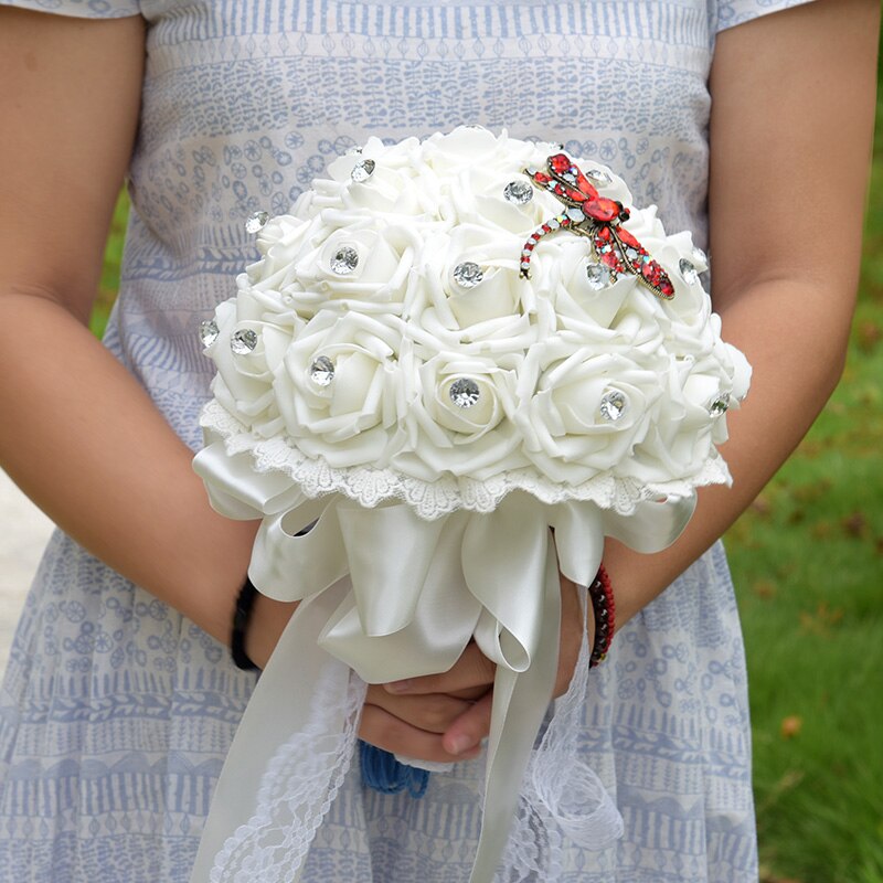 Kyunovia Simplish ślub bukiet ślubny druhny PE pianki róże kwiaty dżetów ważka broszki bukiet ślubny FE33