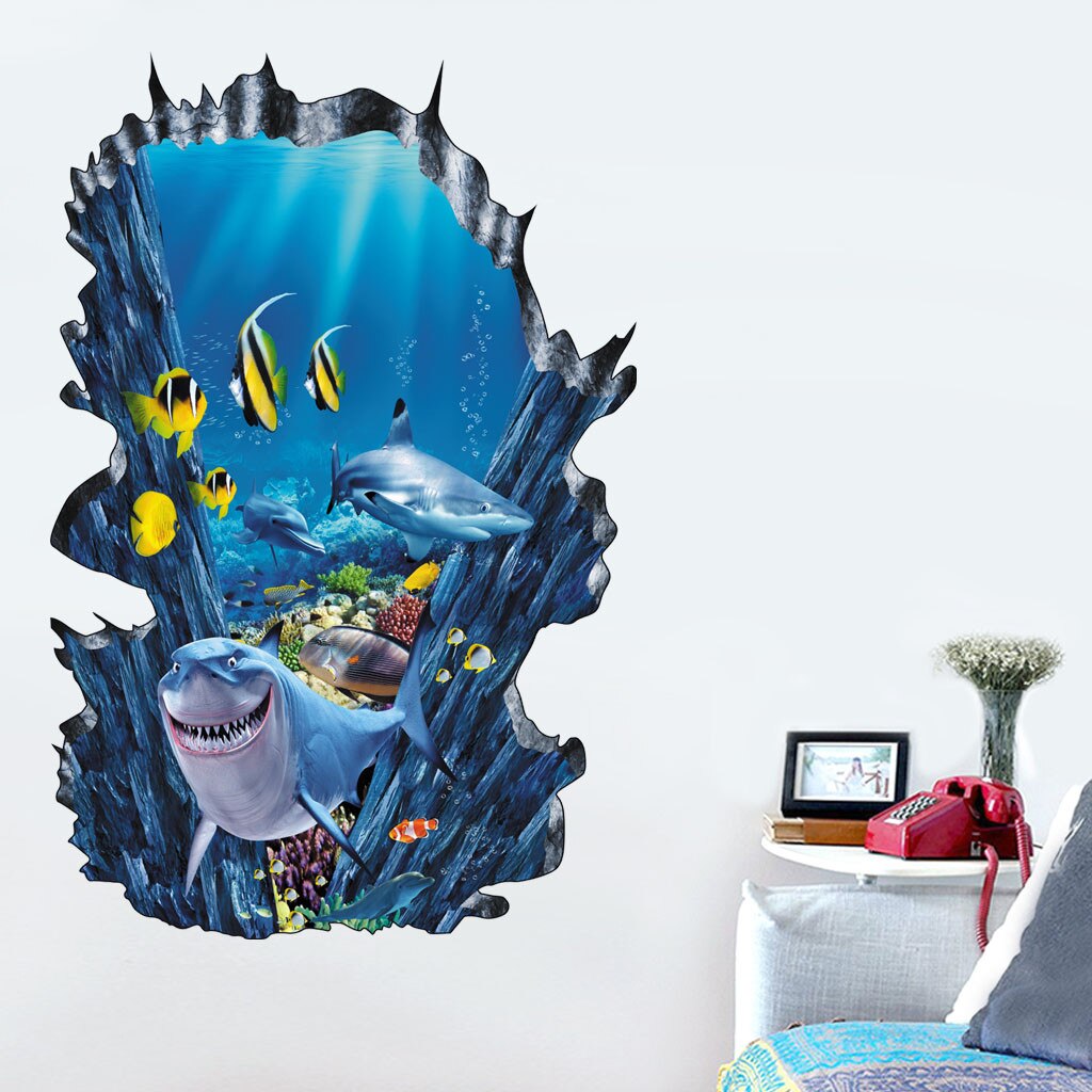 3D Onderwater Wereld Pvc Sticker Muurstickers Behang Woonkamer Decoratie 3D Onderwater Dier Наклейки На Стену Behang