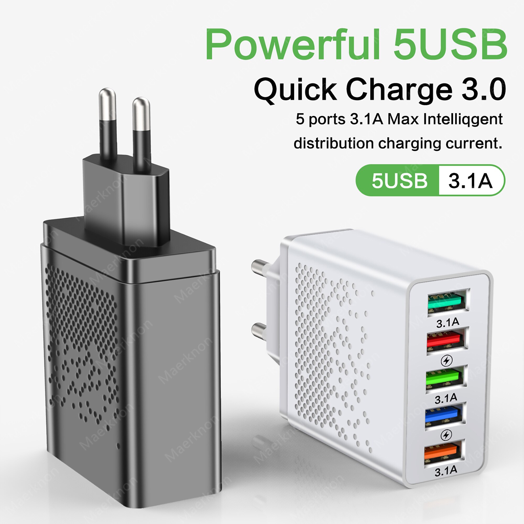 Chargeur USB 48W 5 Ports Charge rapide 3.0 4.0 Adaptateur de prise EU / US pour iPhone Xiaomi Android Chargeur mural Charge rapide Chargeur de téléphone