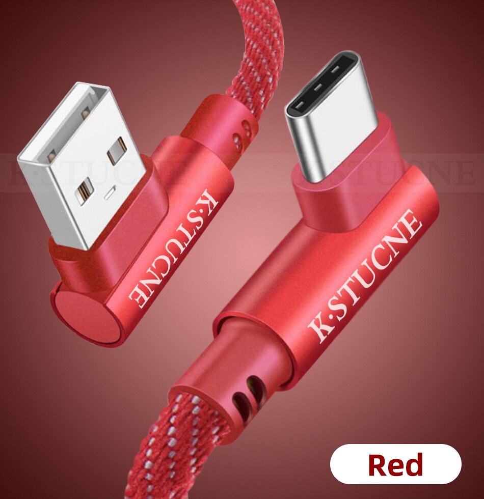 90 Degree USB Type C Cable Fast Charging Cable For samsung s9 s8 Plus For Huawei Xiaomi Redmi Note 7 Type-C Charger Data Line: 100CM / Red