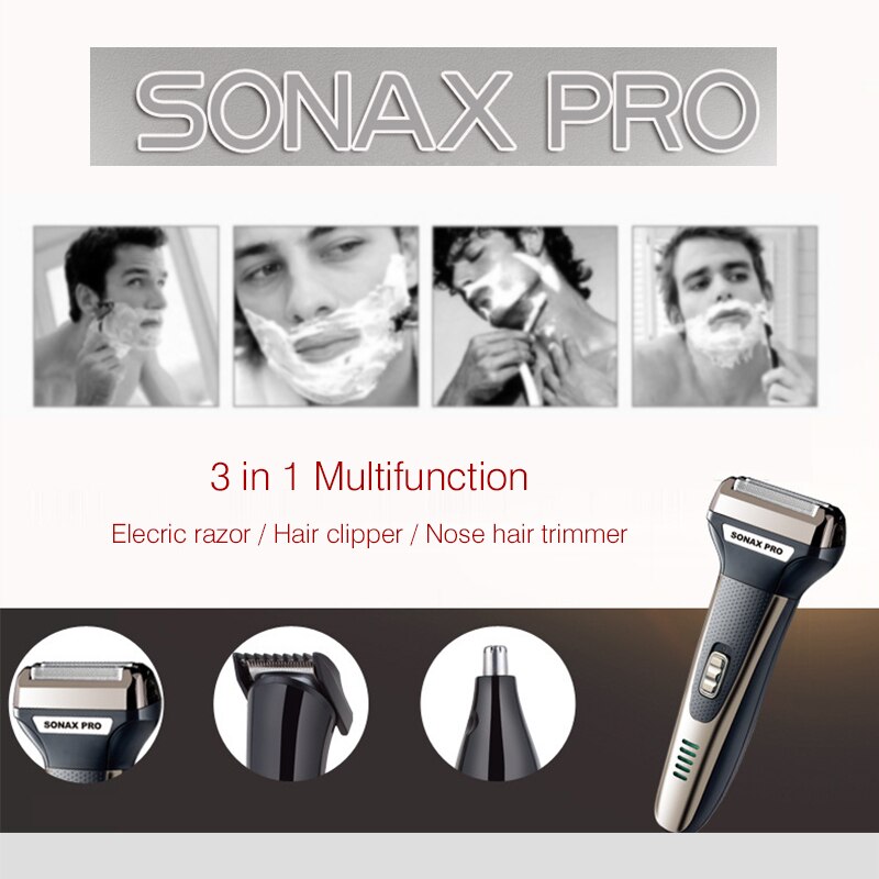 Sonax pro 3 in 1 elektrisch scheerapparaat voor heren, oplaadbaar, elektrisch scheerapparaat voor geschoren baard, reciprocating neusreiniging, haarscheerapparaat