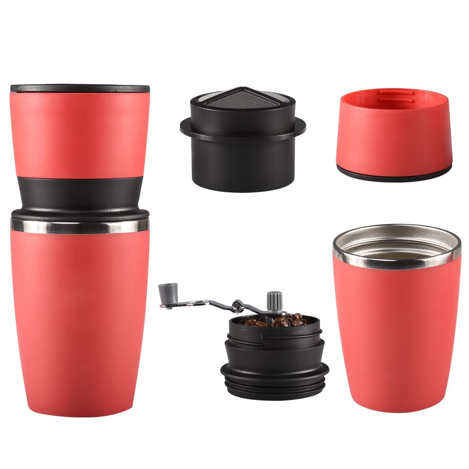 Red Manual Coffee Maker Coffee Bean Grinder Portable Espresso Machine Coffee Pressing Bottle Pot Coffee Tool For Outdoor Travel