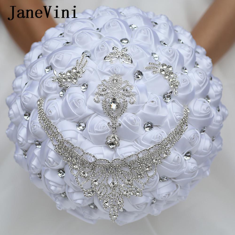 Janevini 30cm store hvide brudebuketter satin roser håndlavede blomster luksus krystal sommerfugl smykker bryllup buket tilbehør