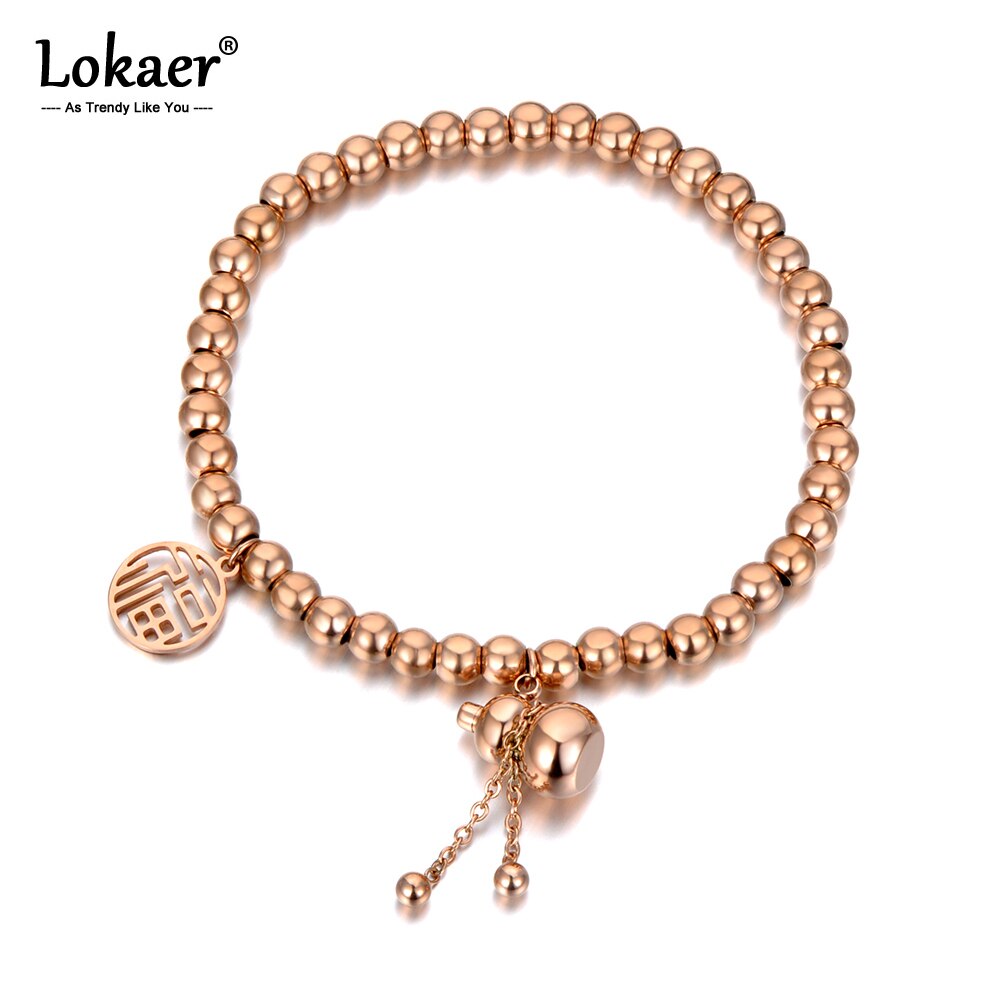 Lokaer Etnische Chinese Stijl Rvs Goede Luck &amp; Kalebas Charme Armbanden Voor Vrouwen Rose Gold Kralen Armband Sieraden B20138