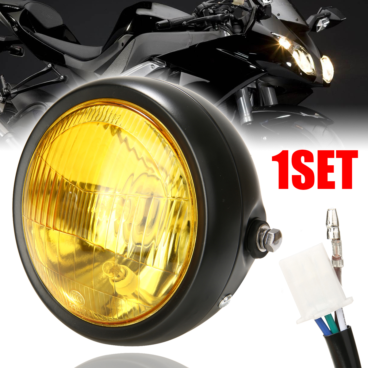 1PC 6.5 "12 V 35W Retro Motorfiets LED Koplamp Met Zwarte Grill Cover Behuizing Geel Lens Voor cafe Racer Choppers Fietsen