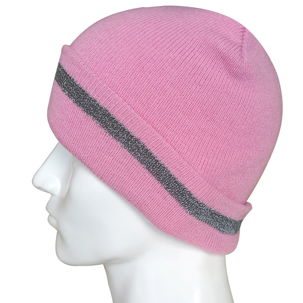 Women Pink Knitted Reflective Beanie with Reflective Stripe Safety Knit Beanie Hats Warm Winter Hats Headwear for Work