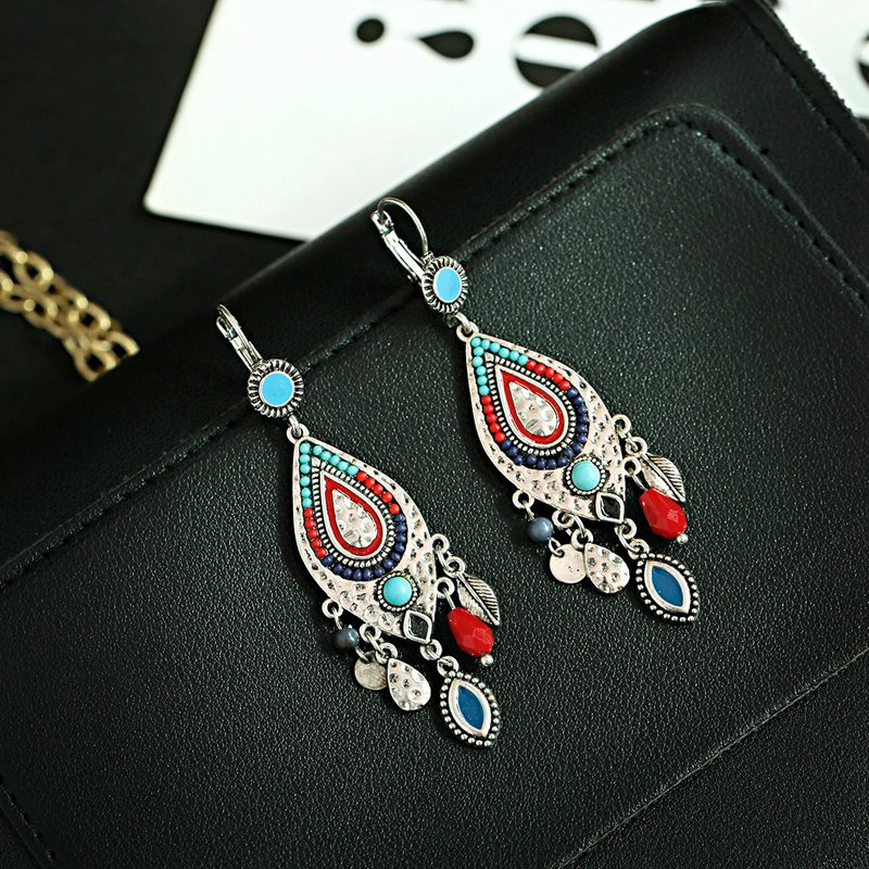 Ethnic Women's Silver Color Bohemian Earrings Vintage Stone Beads Tassel Gypsy Jhumka Earrings Oorbellen Hangers