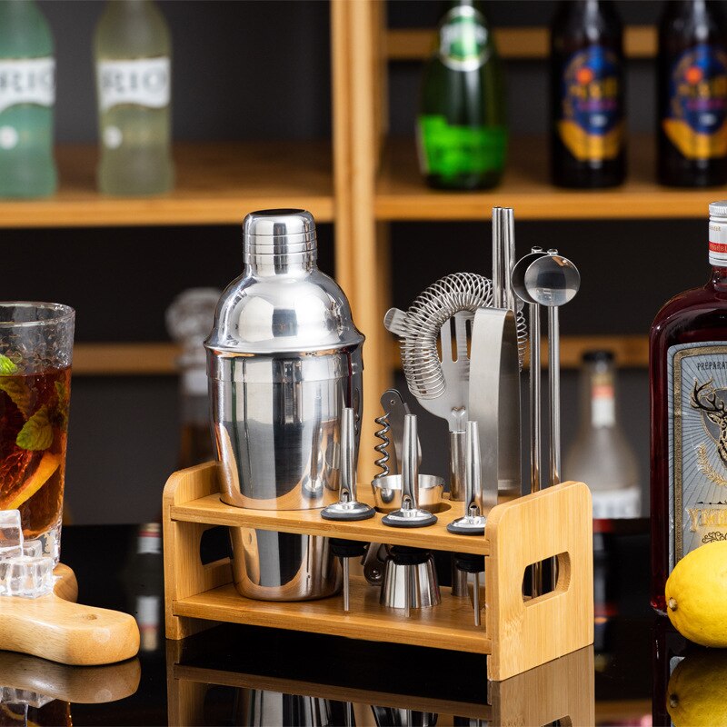 13 Pcs Cocktail Shakers Shakers Mixers Bar Tools Wine Sets Wine Corks Jigger Spoon with Stand Recipes: 550ML