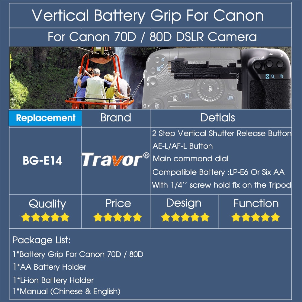 Travor Vertical Battery Grip for Canon 70D 80D DSLR Camera as BG-E14 work with LP-E6 battery