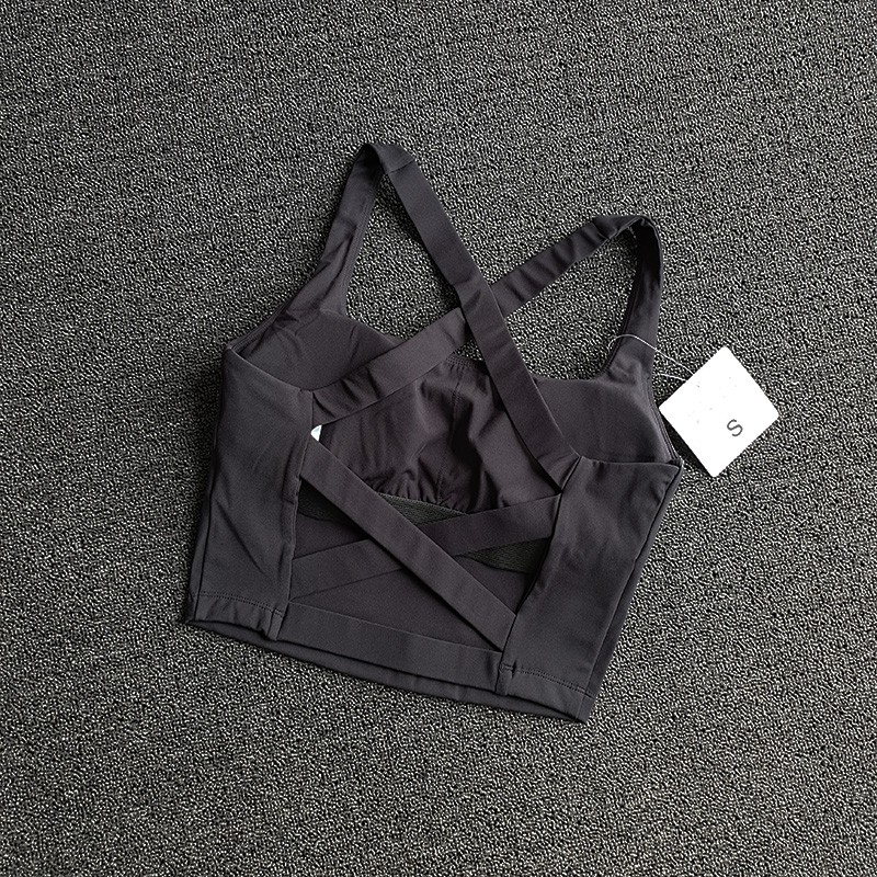 Sujetador deportivo con tiras cruzadas para mujer, Sujetador deportivo sin costuras de alto impacto, Top Sexy para Yoga y Fitness, ropa interior deportiva, sujetador de realce, Top deportivo para mujer: L / Negro