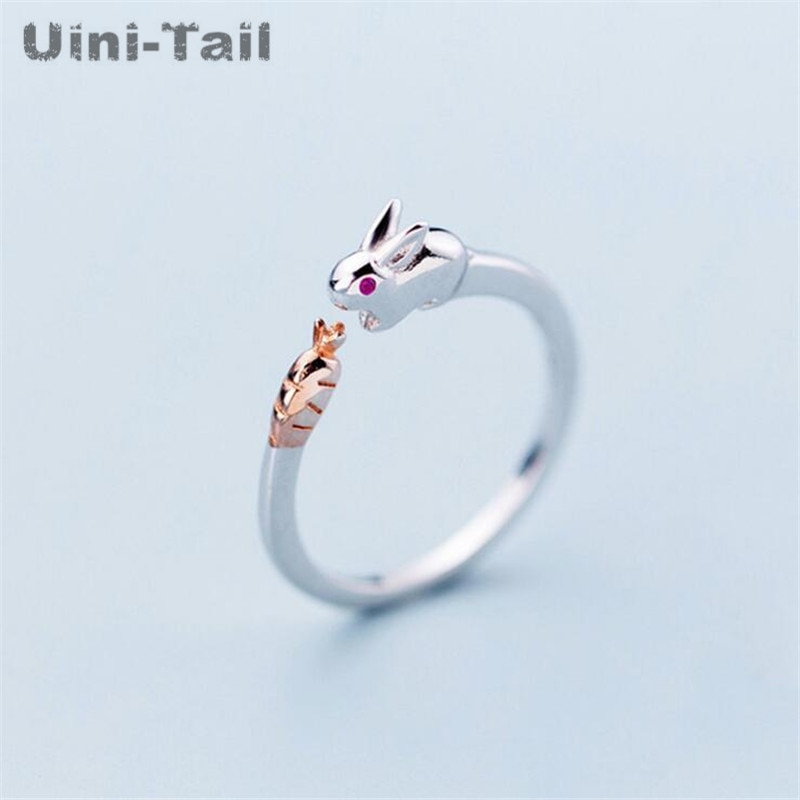 Uini-tail-Anillo de plata de primera ley con forma de conejo para mujer, sortija, plata esterlina , zanahoria, , pequeño, abierto, 925