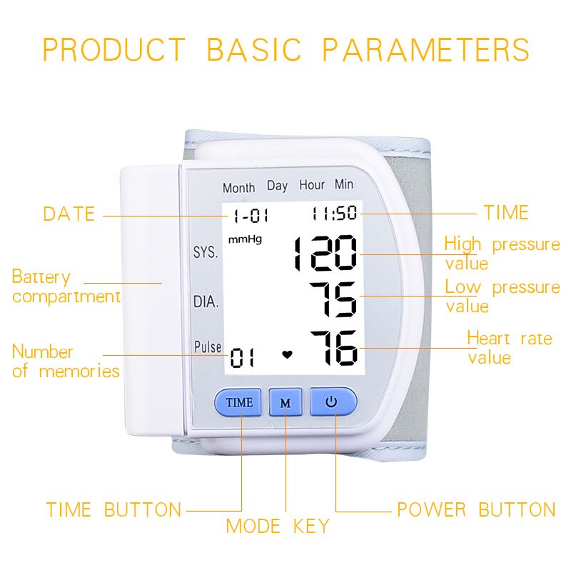 Arm Sphygmomanometer Blood Presure Meter Monitor Wrist Heart Rate Pulse Portable Oscillometric Assay LCD Digital Double Mode