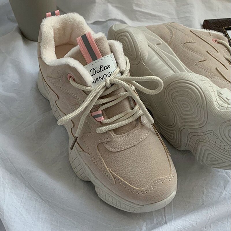 Wintersneakers voor dames, plateauschoenen voor dames, dikke vulkanische sneakers, warme, zachte beige zwarte sneakers voor dames.