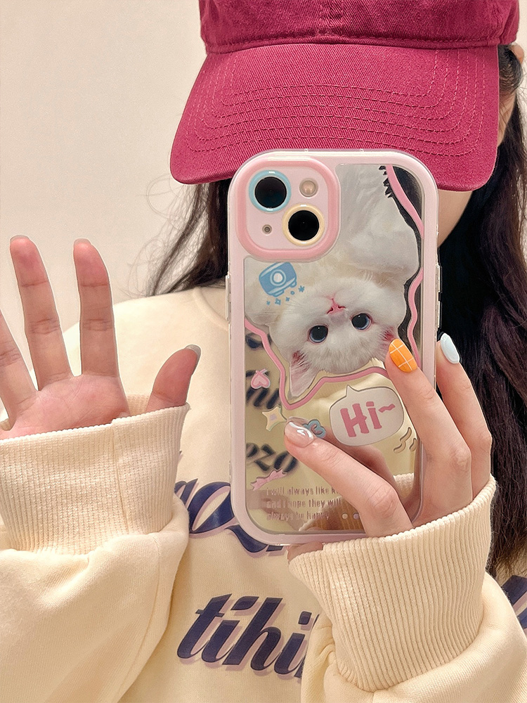 Preciosa funda con espejo de maquillaje de gato blanco para iPhone 14 Pro Max 16 15 13 11 12 parachoques de silicona bonita contraportada Capa