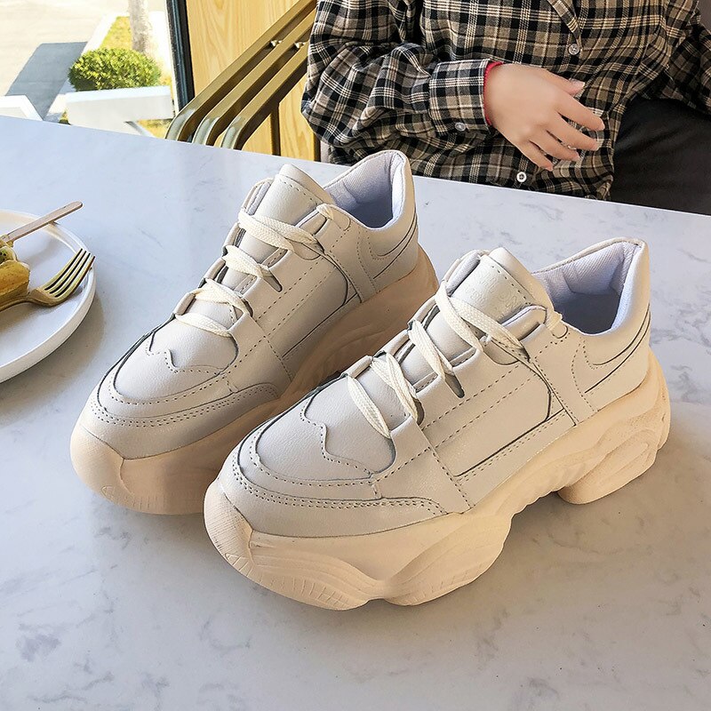 Kvinder hvide sneakers platform chunky sko dame kurv kvindelige sneakers læder snøre afslappet sko kvinde
