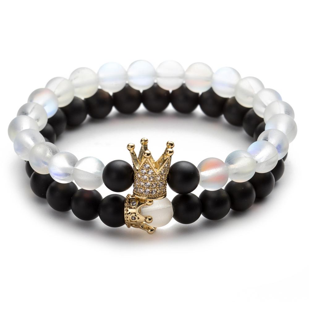 Couples Natural Stone Beaded Bracelet King Crown Shaped Round Cubic Zircon Charm Bracelet Lovers' Jewelry for Man Women