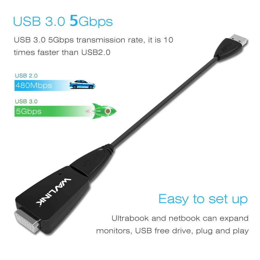 Wavlink usb 3.0 to vga adapter konverter eksternt videokort multi display konverter kabel til vindue 7/8/10 desktop bærbar pc