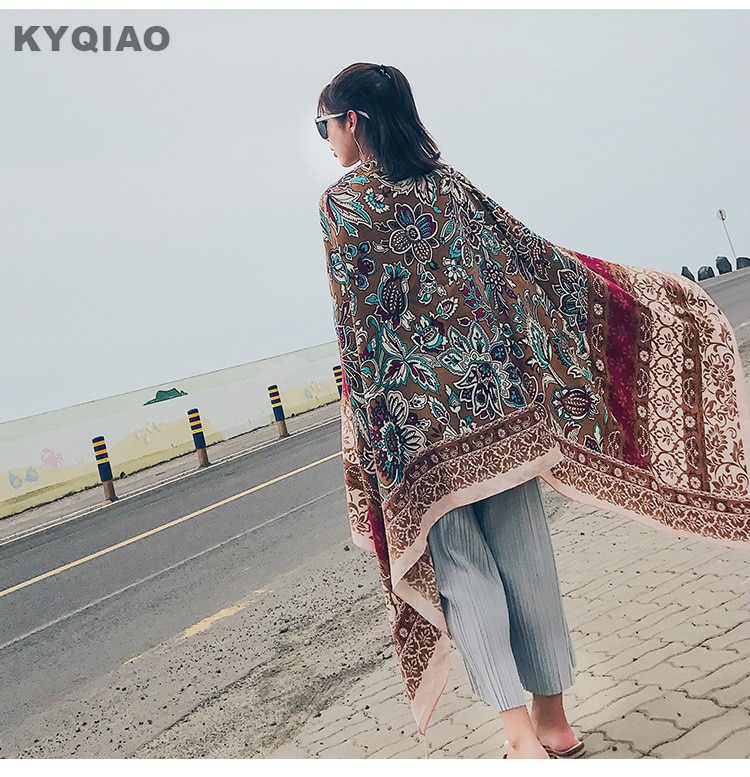 Kyqiao Bohemian Print Hijab Sjaal Vrouwen Herfst Winter Spanje Stijl Vintage Etnische Lange Gedrukt Sjaal Uitlaat Cape