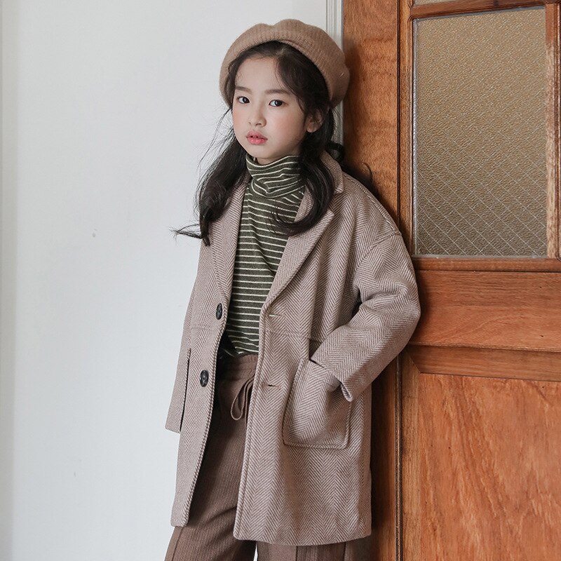 Wollen jas herfststijl meisjesjas tienerkleding halflange meisjesjas meisjes lange jas kinderkleding