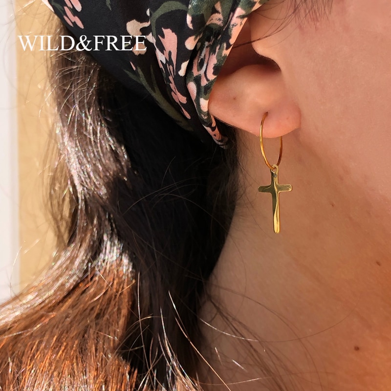 Wild&Free Stainless Steel Geometric Circle Hoop Earrings For Women Star Moon Cross Round Shape Huggie Thin Circles Hoops Earring