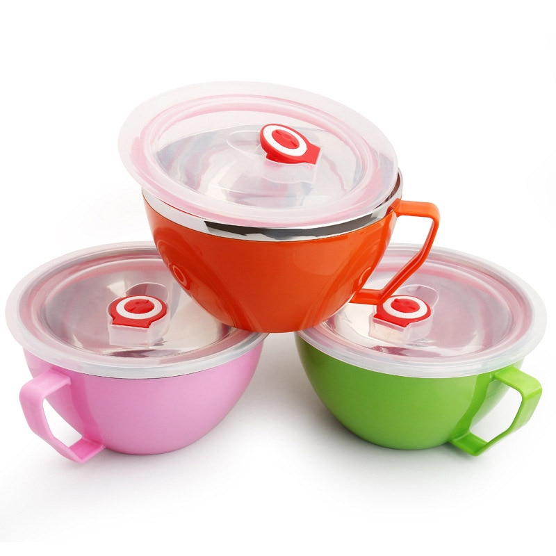 Bol à nouilles de 600ml avec poignée de couvercle | En acier inoxydable, plastique anti-fuite, bols à soupe de riz P7Ding