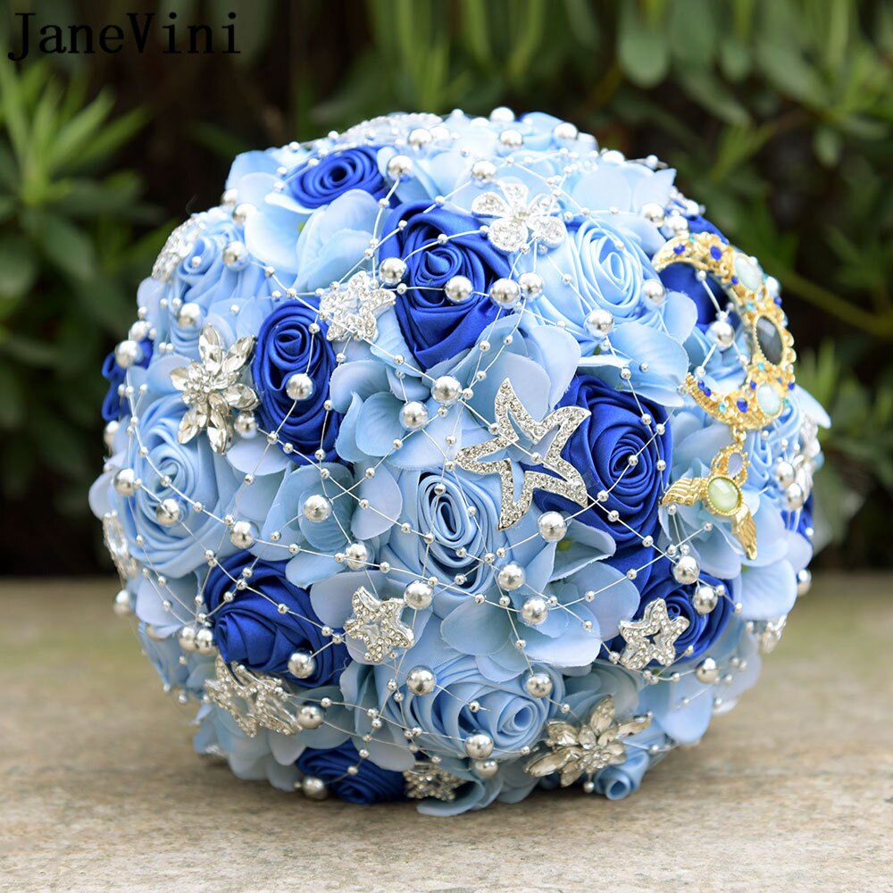 Janevini bling bling rhinestone lyserøde blomster luksus stjerner brude smykker kunstig hortensia krystal måne bryllup buket