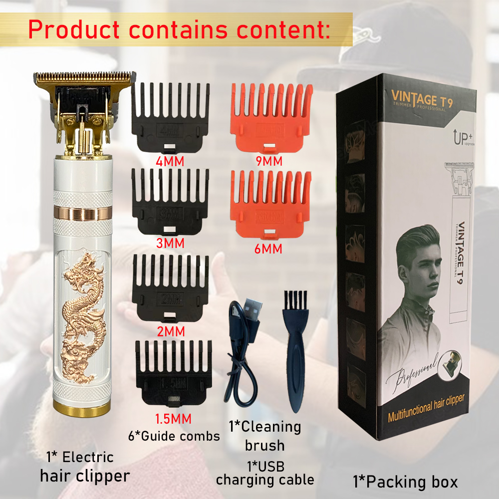 2022 T9 Hair Clipper Limit Comb 6MM 9MM Haircut Machine Shaving Cutting Vintage T9 Machine Beard Trimmer for Men: white dragon 69