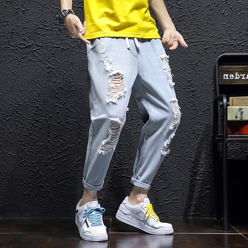 Licht Gekleurde Denim Broek Mannen Zomer Dunne Trend Casual Broek Student Plus Size 5XL Losse Gat harembroek