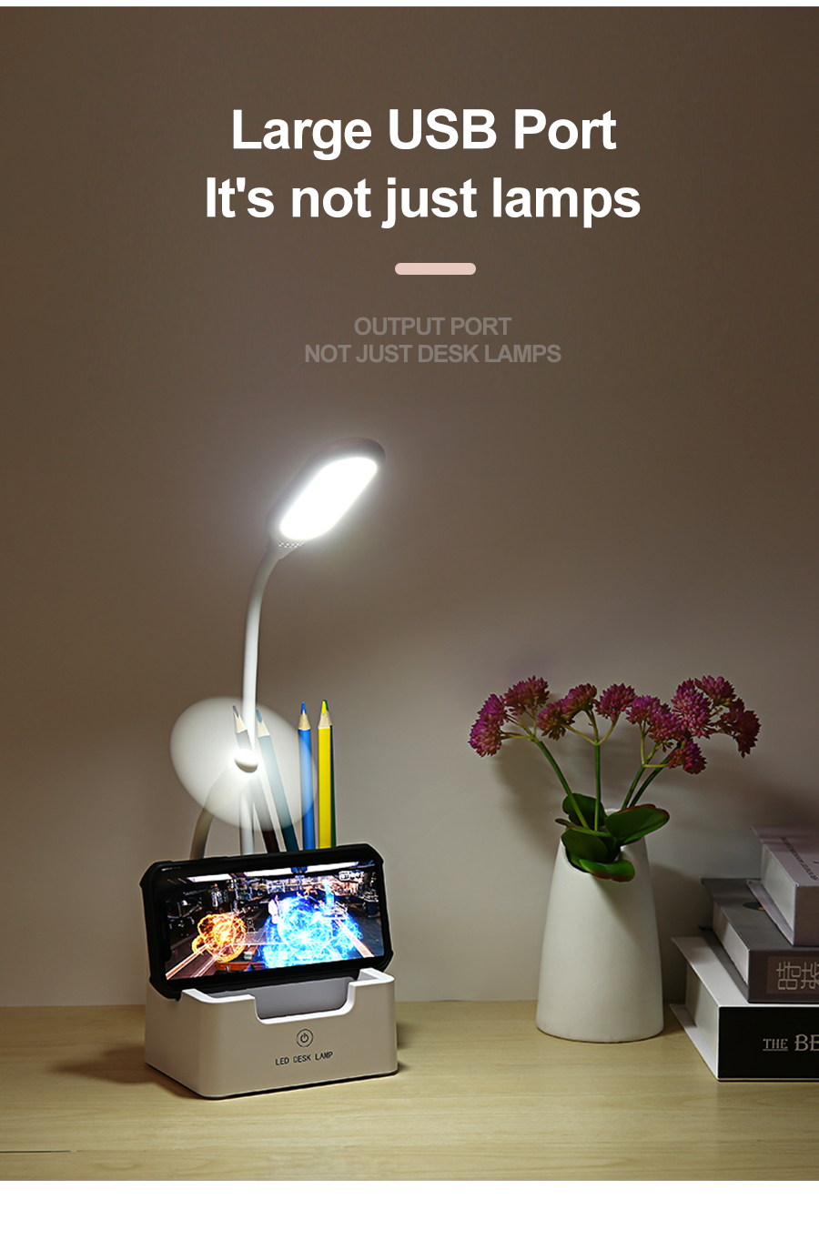 Oplaadbare LED tafellamp met ventilator touch, dimbare tafellamp, oogbescherming, kinderen leeslamp, pen houder Fan pen