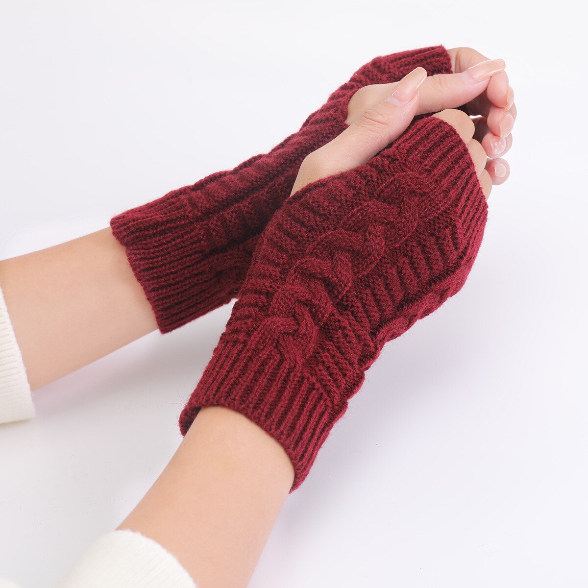 Gants sans doigts pour femmes, mitaines chaudes tricotées, extensibles, avec trou pour le pouce et les bras, hiver, noir, rouge et gris: Vin rouge