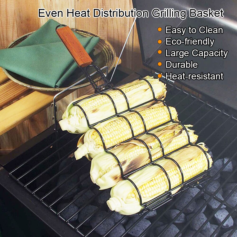 BBQ Corn Grill Basket Metal Corn Holder for Grill Wooden Handle Barbecue Adjustable Non-stick Corn Grilling Basket