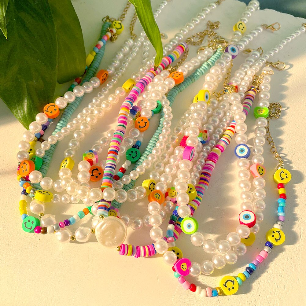 Boho Evil Eye Smile Pearl Beaded Necklace For Women Imitation Pearl Christmas Y2K Happy Face Choker Collar Party Jewelry