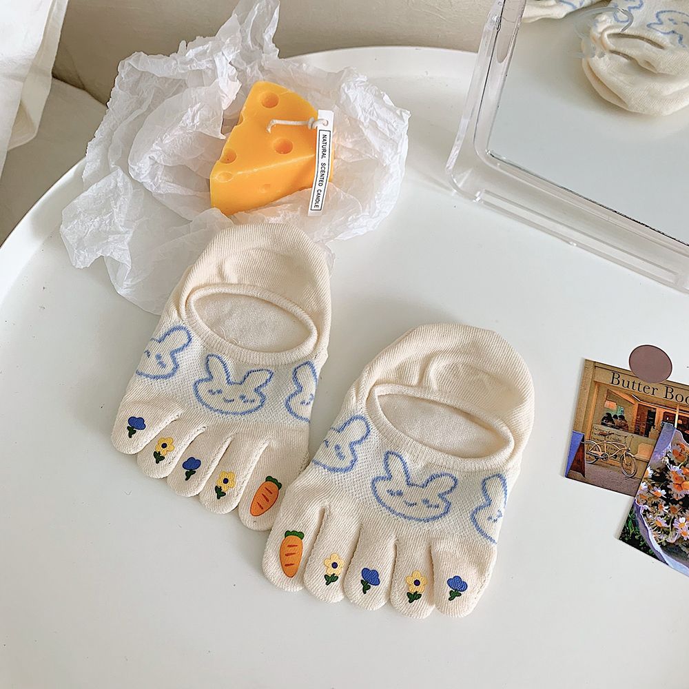 Calcetines de cinco dedos con personalidad para mujer y niña, medias elásticas invisibles antideslizantes con dibujos animados y flores: F