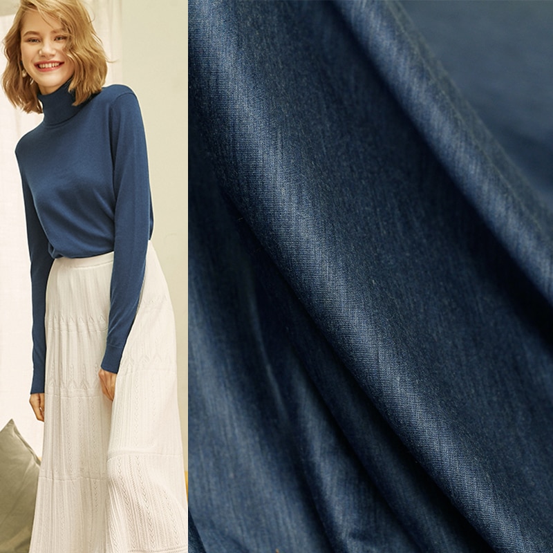 Telas de lana de punto de alto brillo perlsilk azul fino suave, Material de prenda para otoño, camiseta para mujer, tela de costura a medida,