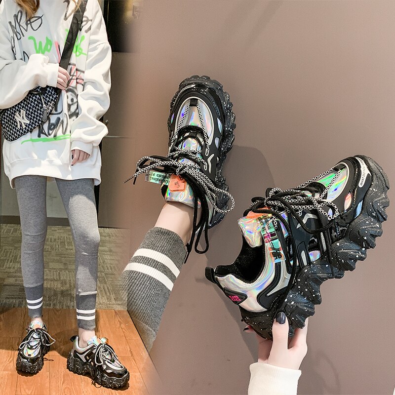 Kevät syksy nainen paksu alusta lenkkarit ulzzang nauhalenkit tenis naisten isä vapaa-ajan kengät: Hopea / 6