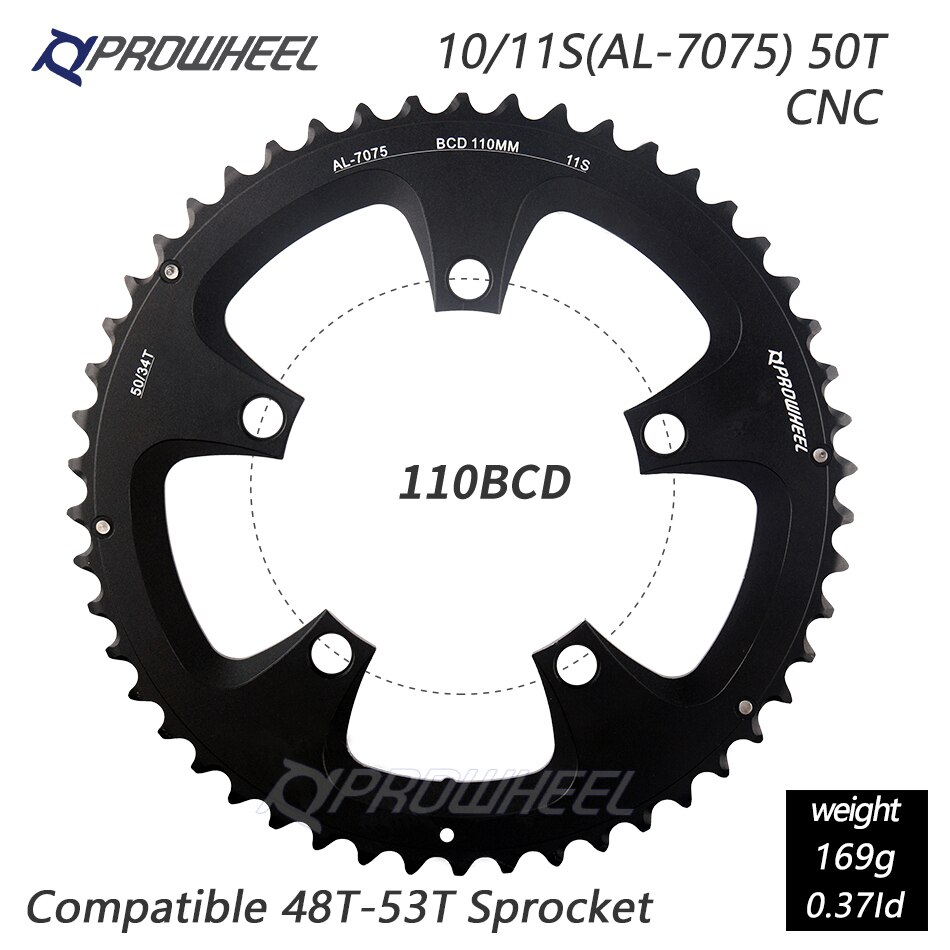 Prowheel Racefiets Kettingblad 110/130BCD 34/39/50/53T Tandwiel AL-7075 Cnc 8/9/10/11 Speed Chainwheel Crankstel Tandplaat Onderdelen: 5h 110bcd 50t Al7075