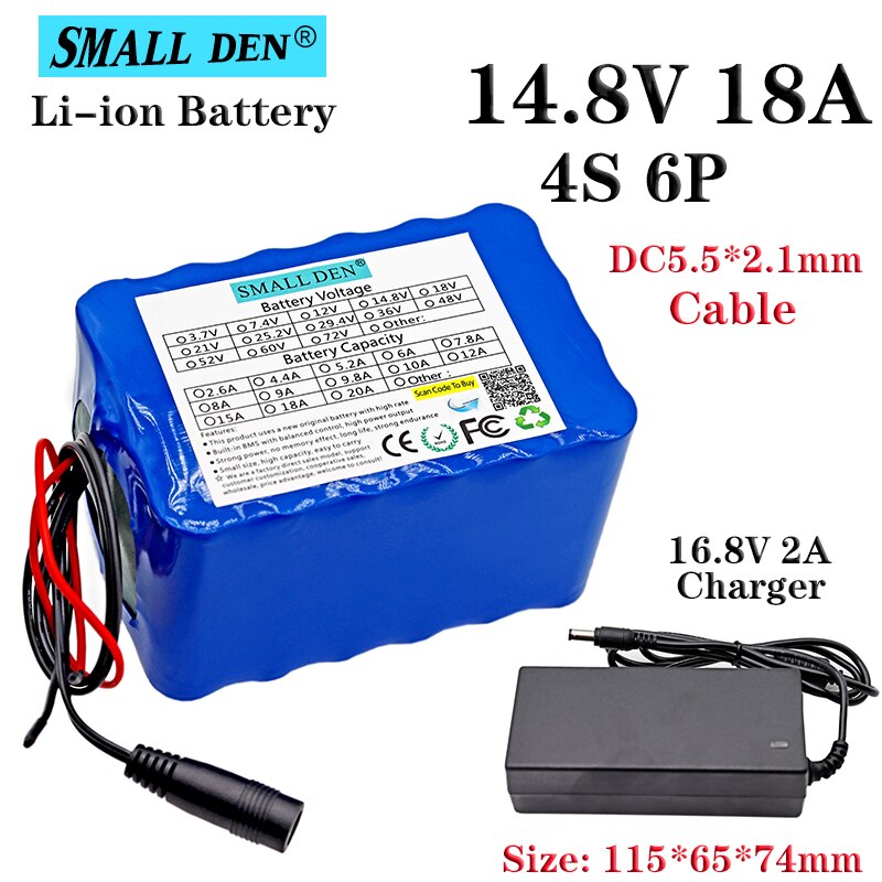 14,8 V 18Ah 18650 4S6P Lithium-ionen akku mit BMS, LED licht heizung elektronische spielzeug batterie + 16,8 V 2A ladegerät