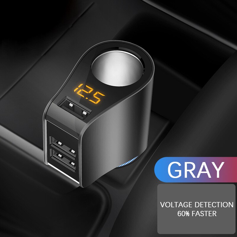 DC 12V Car Cigarette Lighter Adapter 2 Way Double Plug Socket Charger Splitter With Digital Display Voltage: Grey