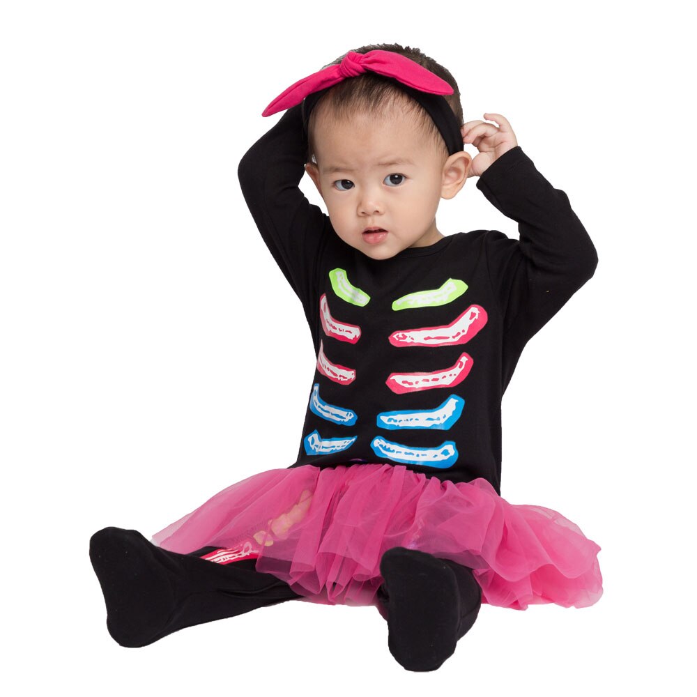 Umorden spedbarn småbarn skjelett bein kostyme rompers jumpsuit til baby jenter halloween bursdag årsfest fancy kjole