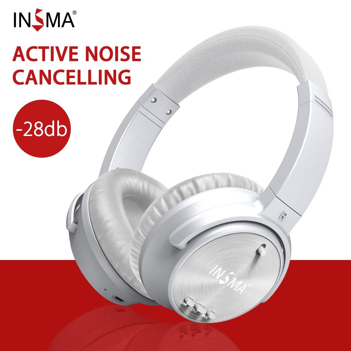 INSMA ANC bluetooth Headset Active Noise Cancelling Wireless Headphone with Microphone Earphone Deep Bass Music 20H Playing time