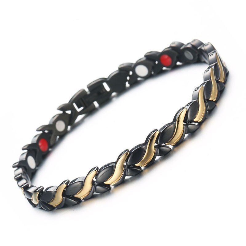Bracelet amincissant classique ondulé, breloque en acier titane et or noir, Bracelet magnétique à feuilles pour sport, soins de santé, perte de poids, produit: Black