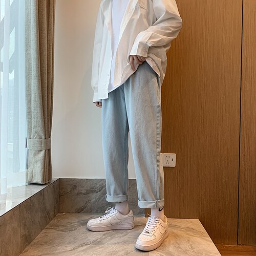 Jean homme pleine longueur droit drapé grande taille 3XL hong-kong Style masculin décontracté ample Vintage Simple tout Match Ulzzang: blue / S