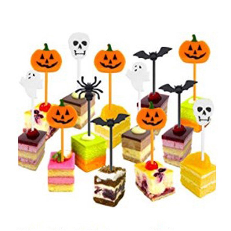 Juego de 10 unidades de comida para Halloween, fruta, tenedor de dibujos animados, pastel, palillo de dientes para postre, almuerzo, decoración de