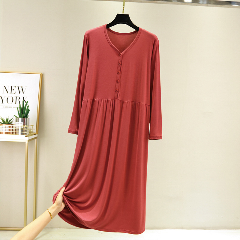 Large early autumn long sleeve button modal cotton loose home dress: Red