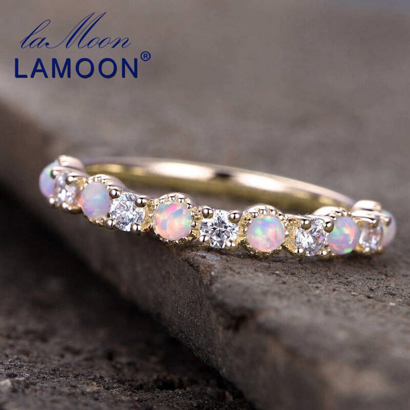 LAMOON 925 Sterling Silver Trendy Rings Birthstone Opal Ring in Engagement Bands for Women 14K Gold Plated Fine Jewelry LMRI125