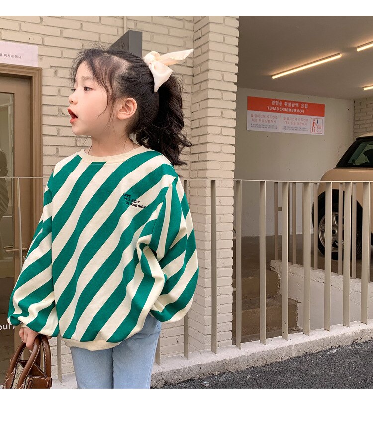Felpe oversize in cotone per ragazzi e ragazze con cappuccio a righe diagonali moda primavera per bambini 2-7Y: Green / 2T