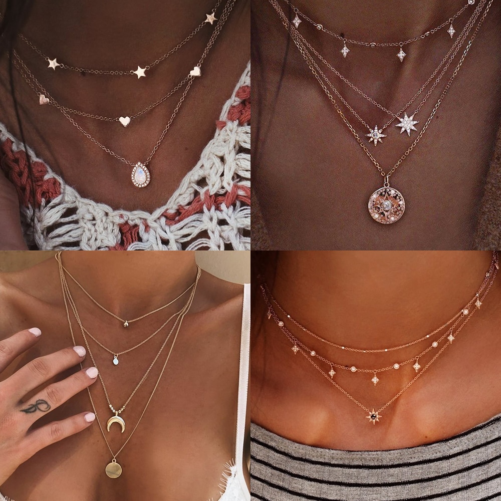 Vintage Multilayer Gold Necklaces for Women Kolye Moon Star Crystal Chain Necklaces & Pendants Boho Choker Jewelry