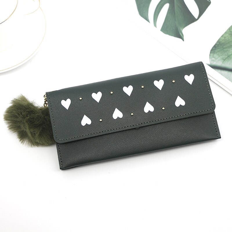 Wallet For Women Retro Rivet Hasp Long Ladies Wallet Card Purse PU Leather Wallet With Fur Ball Ornaments Phone Bag